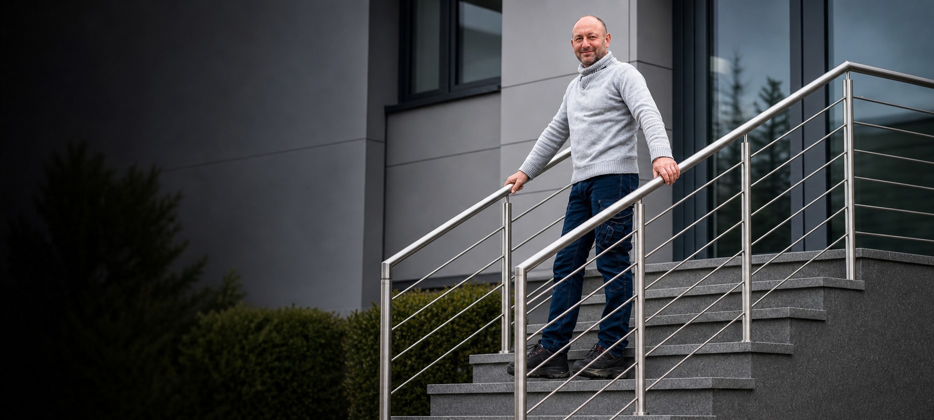 Metallbauer Ulf Simon an einem Edelstahlgeländer vor einem modernen Gebäude in Uder